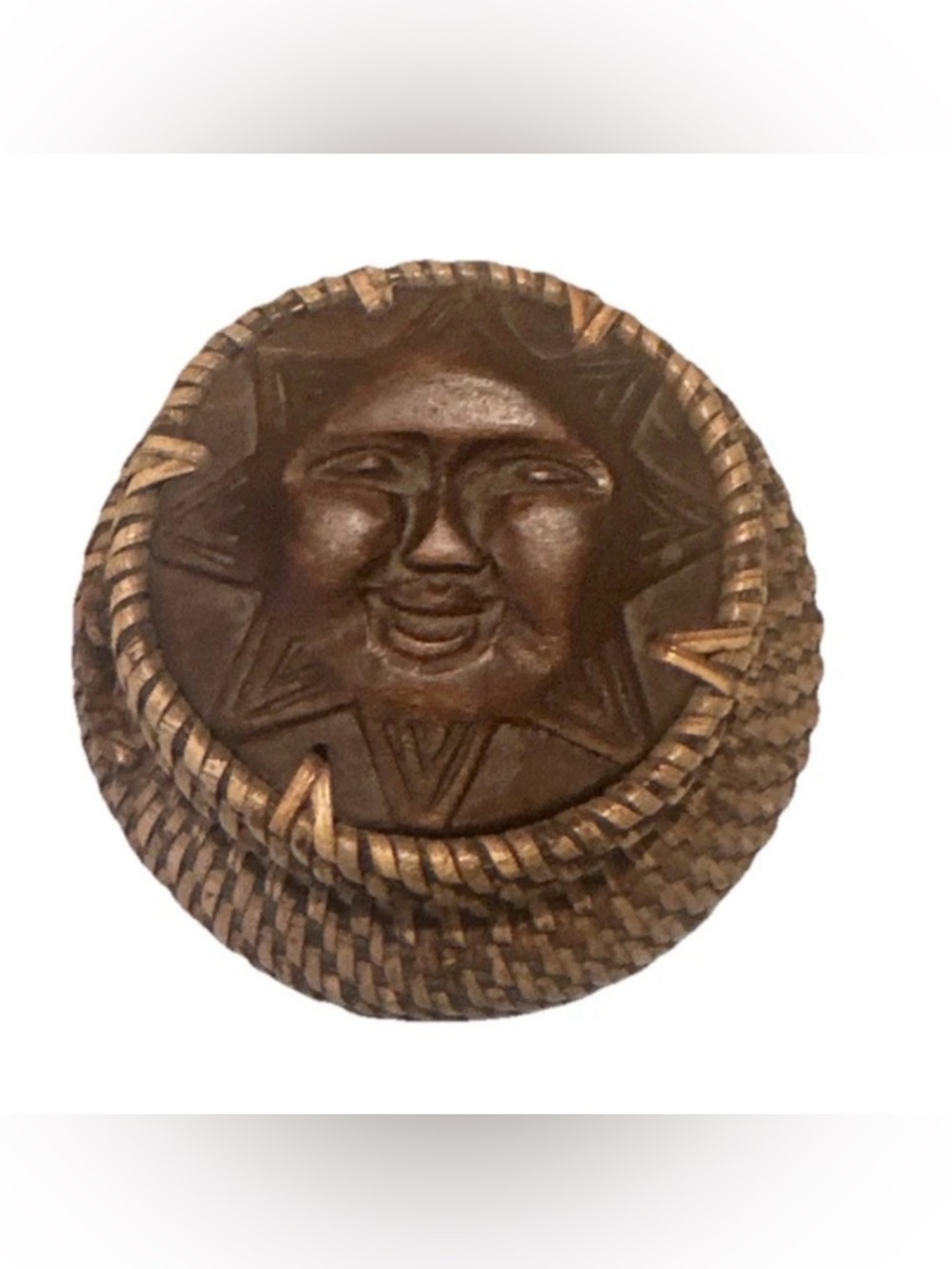 Handmade Woven Wicker & Carved Wood Lidded Basket Sun Face Southwestern Folk Art